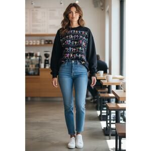 EZL USA Black Ice Skating Graphic Sweatshirt 80s Winter Retro Size M